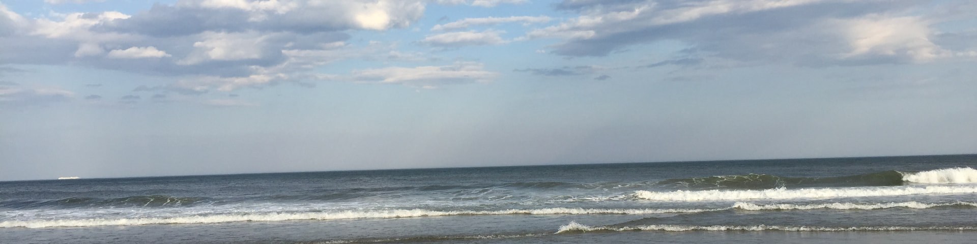 A wide, calm seascape under a soft blue sky with scattered clouds and a single gull gliding over the water
